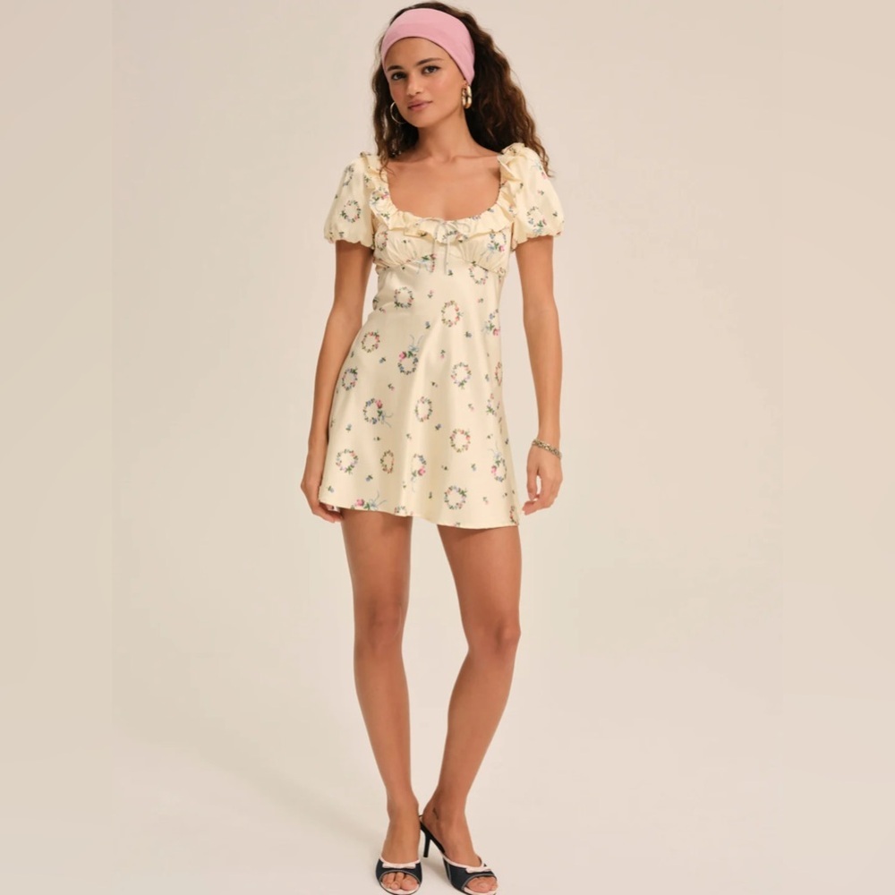 NWT For Love & Lemons Jaida Coquette Dress Floral Butter Yellow Size Medium
